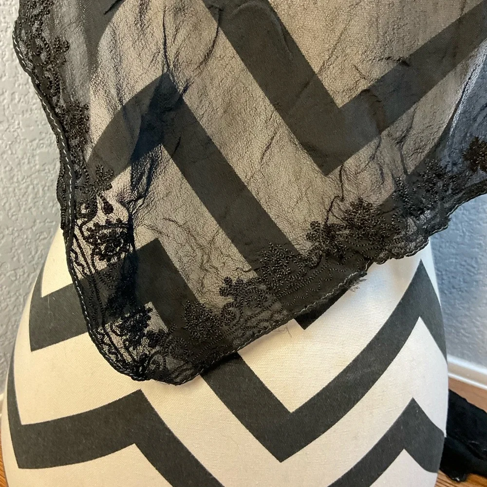 Elegant Black Sheer embroidery Scarf